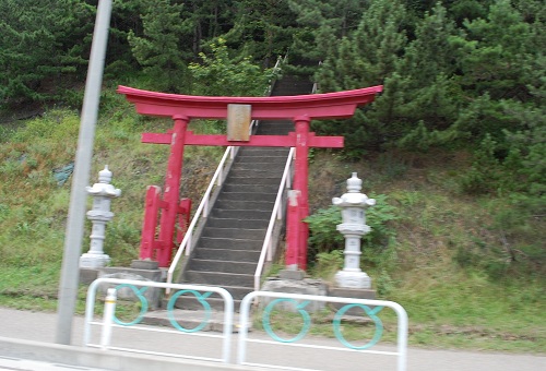 A torii gate across from an aquarium.
